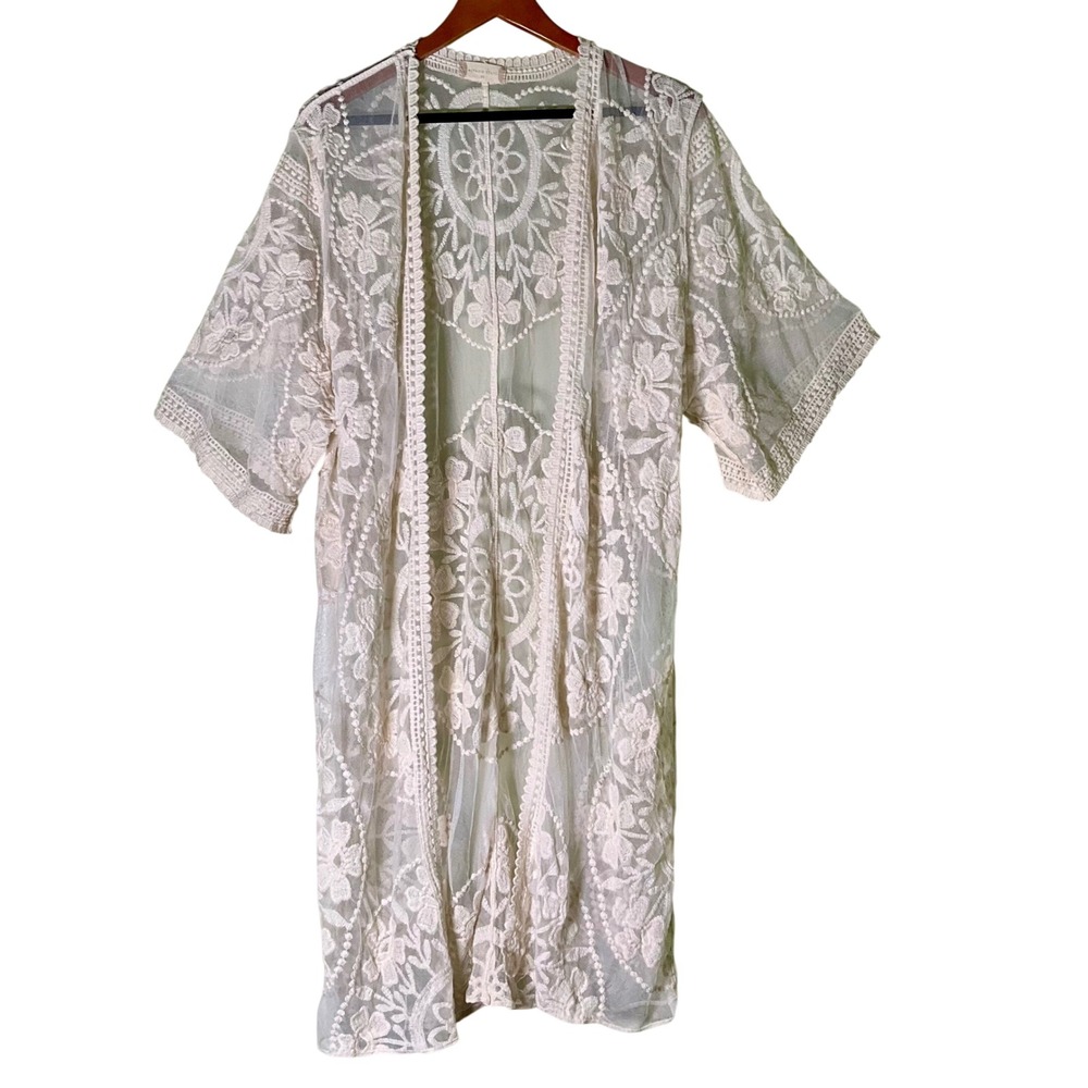 Altar'd State Cream Floral Embroidered Lace Sheer Duster Cardigan Kimono XS Boho